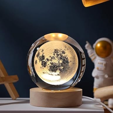 3D Moon Crystal Ball Night Lamp,Creative Engraved Crystal Ball Night Light, USB Table LED Wooden Crystal Ball for Home Office Decoration Birthday Gift Adults (Galaxy)(Warm White)