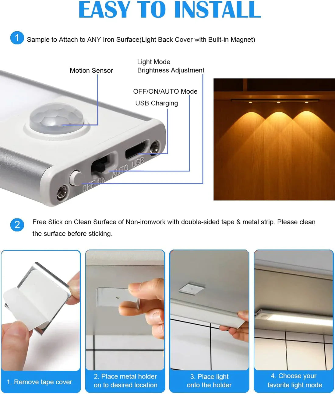 Wireless Motion-Sensing Under-Cabinet Lights with Adjustable Brightness, Easy Installation, and Energy-Efficient LED for Kitchen, Closet, and Home Lighting