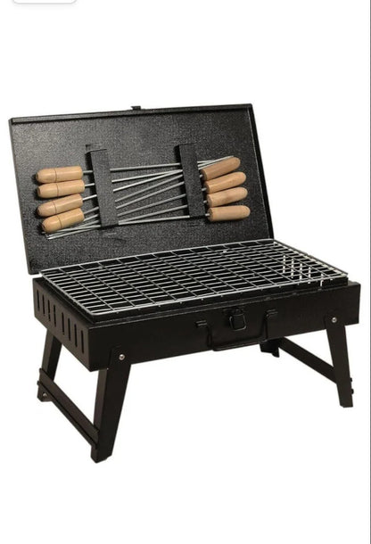 Portable Charcoal Barbecue Grill for Picnics, Includes 8 Skewers