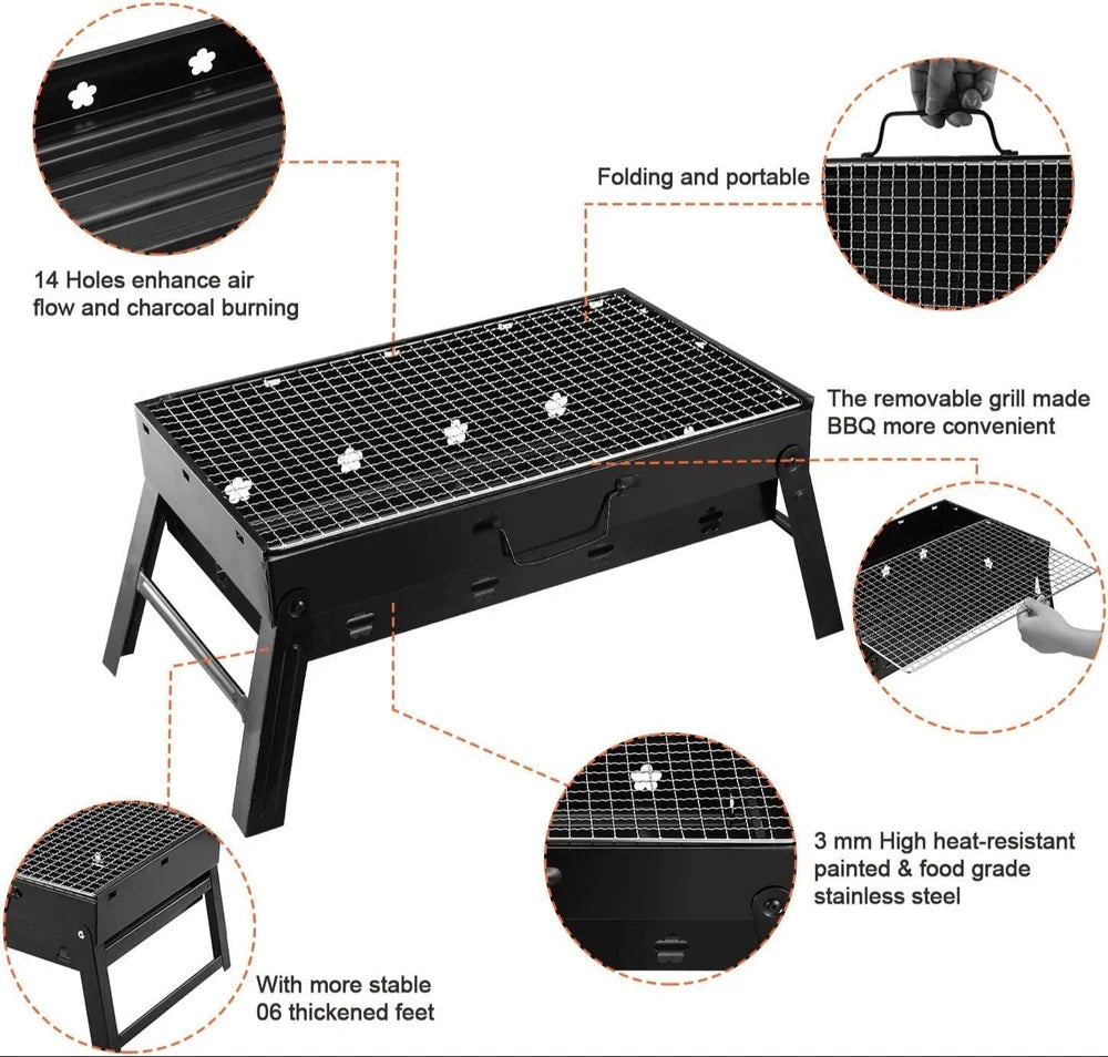 Portable Charcoal Barbecue Grill for Picnics, Includes 8 Skewers