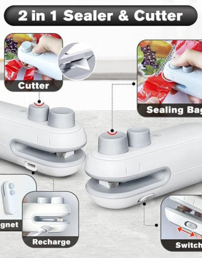 2-in-1 Portable Mini Sealing Machine with USB Rechargeable Magnetic Design, Heat Seal and Cutter for Convenient Food Storage and Preservation